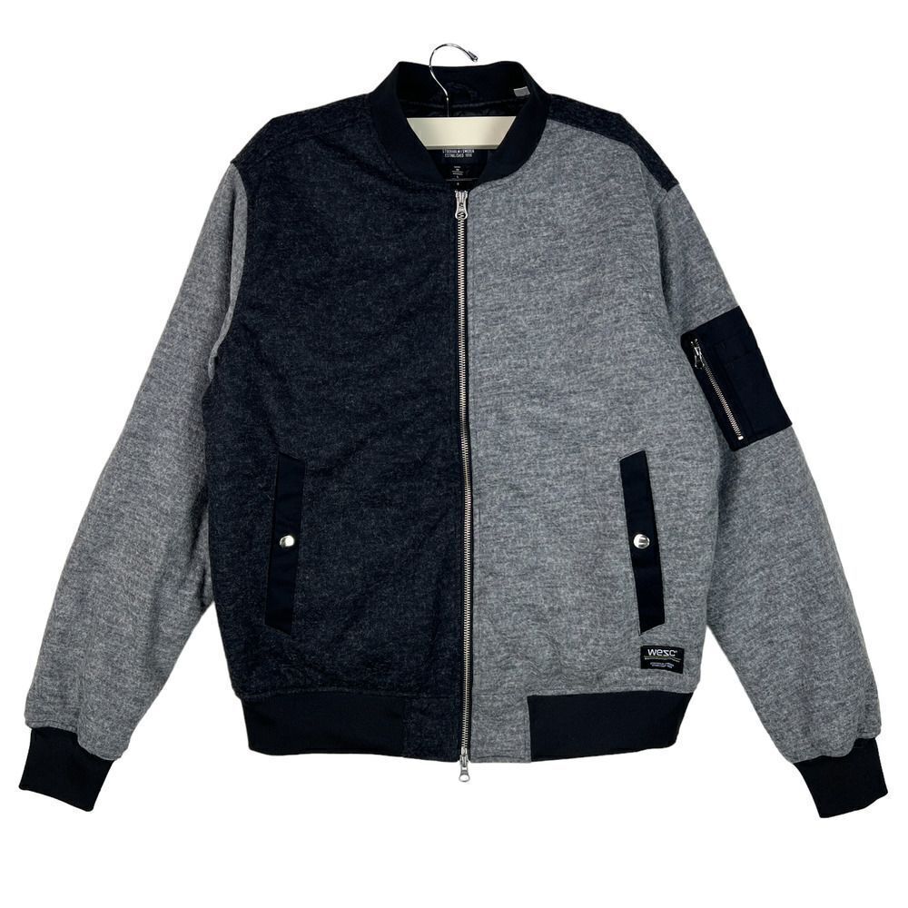 New Wesc Mumel Women  Bomber Jacket US L Melange Grey Colorblock Flannel $225